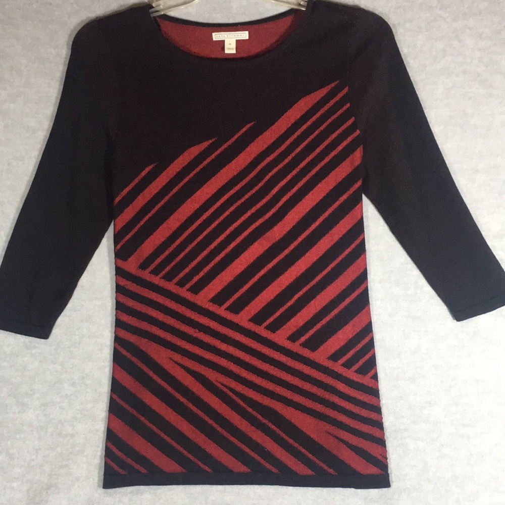 DANA BUCHMAN Asymmetrical Striped Scoop Neck Lightweight Sweater w/3/4 Sleeves